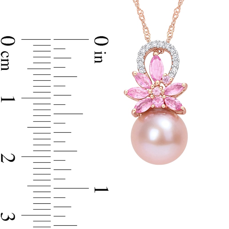 Main Image 3 of 9.5-10.0mm Pink Freshwater Cultured Pearl, Pink Sapphire, and 0.065 CT. T.W. Diamond Pendant in 14K Rose Gold-17"