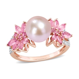 9.0-9.5mm Pink Freshwater Cultured Pearl, Pink Sapphire, and 0.13 CT. T.W. Diamond Flower Ring in 14K Rose Gold