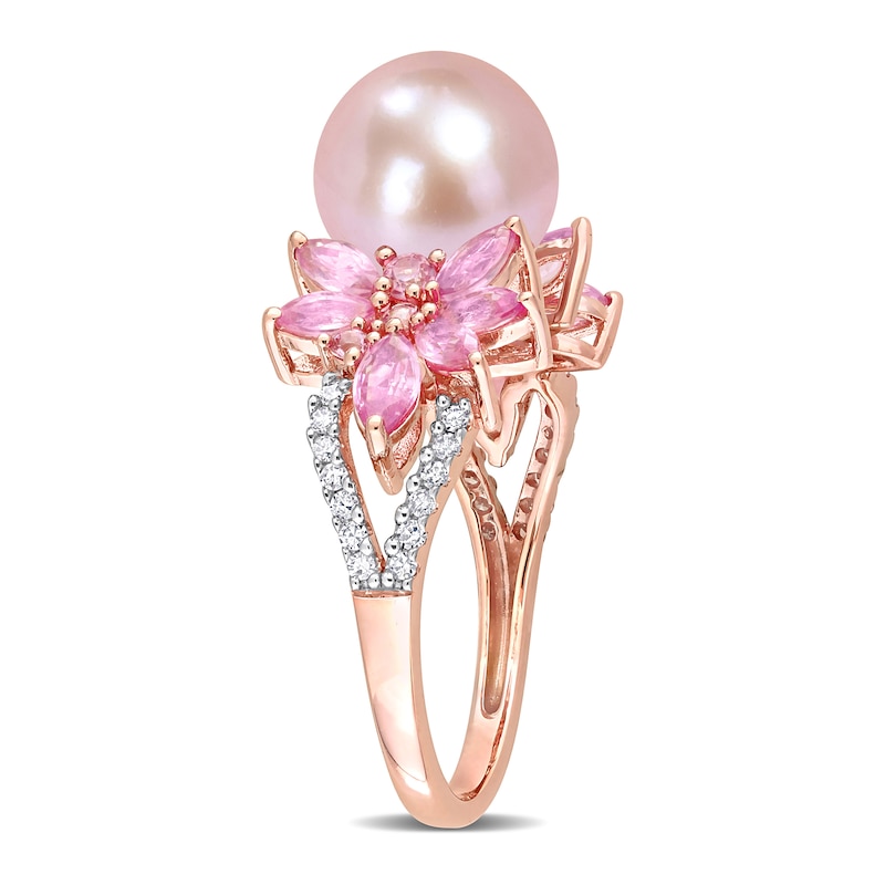 Main Image 3 of 9.0-9.5mm Pink Freshwater Cultured Pearl, Pink Sapphire, and 0.13 CT. T.W. Diamond Flower Ring in 14K Rose Gold