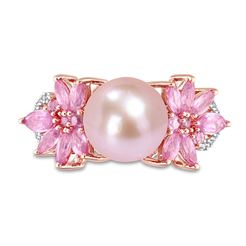Main Image 4 of 9.0-9.5mm Pink Freshwater Cultured Pearl, Pink Sapphire, and 0.13 CT. T.W. Diamond Flower Ring in 14K Rose Gold