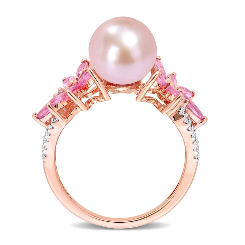 Main Image 5 of 9.0-9.5mm Pink Freshwater Cultured Pearl, Pink Sapphire, and 0.13 CT. T.W. Diamond Flower Ring in 14K Rose Gold