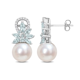 9.0-9.5mm Cultured Freshwater Pearl, Aquamarine, and 0.13 CT. T.W. Diamond Flower Drop Earrings in 14K White Gold