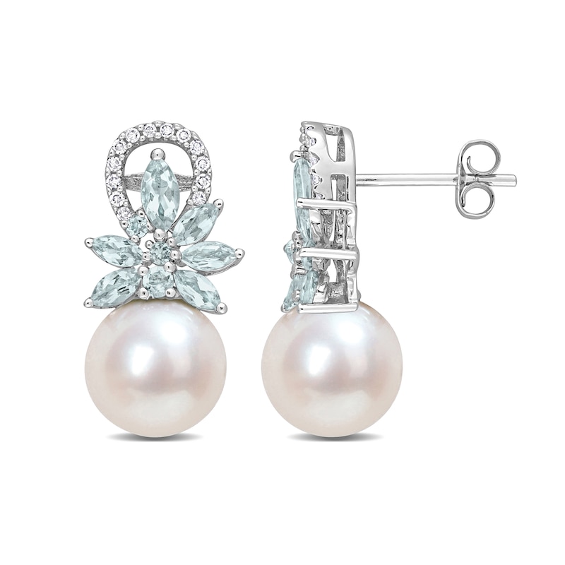 Main Image 1 of 9.0-9.5mm Freshwater Cultured Pearl, Aquamarine, and 0.13 CT. T.W. Diamond Flower Drop Earrings in 14K White Gold