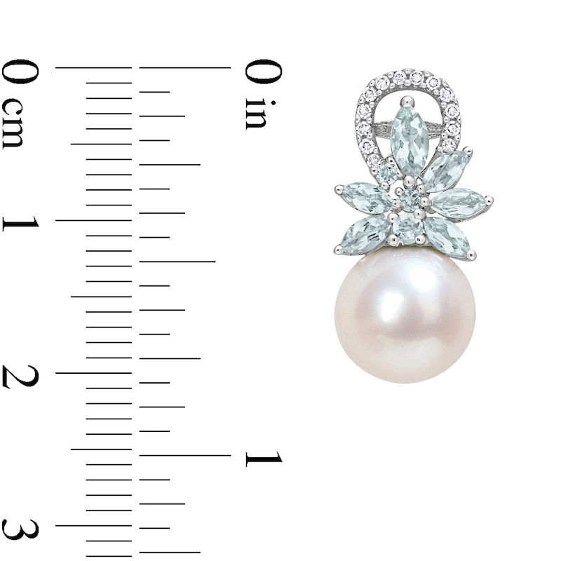 Main Image 3 of 9.0-9.5mm Freshwater Cultured Pearl, Aquamarine, and 0.13 CT. T.W. Diamond Flower Drop Earrings in 14K White Gold