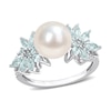 Thumbnail Image 0 of 9.0-9.5mm Cultured Freshwater Pearl, Aquamarine, and 0.13 CT. T.W. Diamond Flower Ring in 14K White Gold