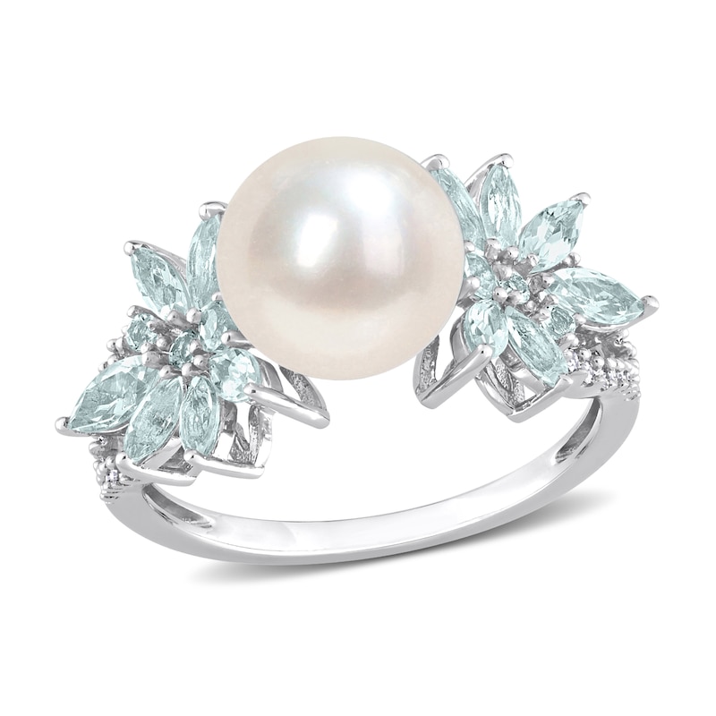 9.0-9.5mm Cultured Freshwater Pearl, Aquamarine, and 0.13 CT. T.W. Diamond Flower Ring in 14K White Gold
