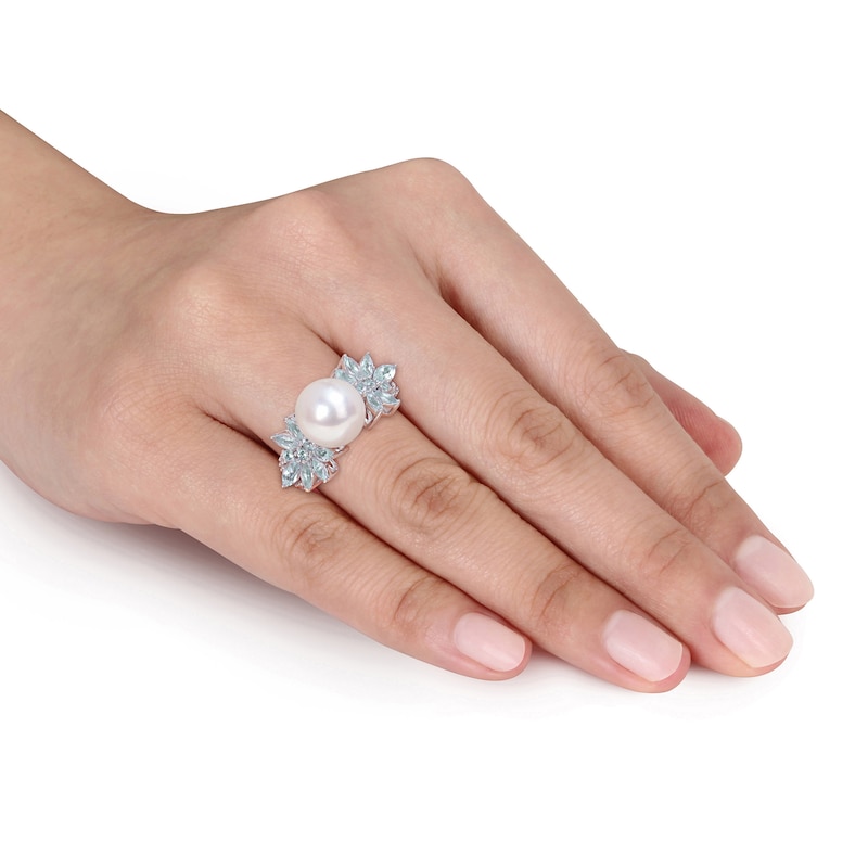 Main Image 2 of 9.0-9.5mm Freshwater Cultured Pearl, Aquamarine, and 0.13 CT. T.W. Diamond Flower Ring in 14K White Gold
