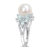 Thumbnail Image 3 of 9.0-9.5mm Freshwater Cultured Pearl, Aquamarine, and 0.13 CT. T.W. Diamond Flower Ring in 14K White Gold