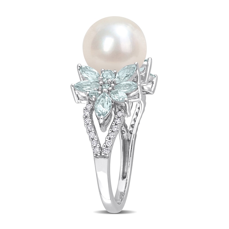 9.0-9.5mm Cultured Freshwater Pearl, Aquamarine, and 0.13 CT. T.W. Diamond Flower Ring in 14K White Gold