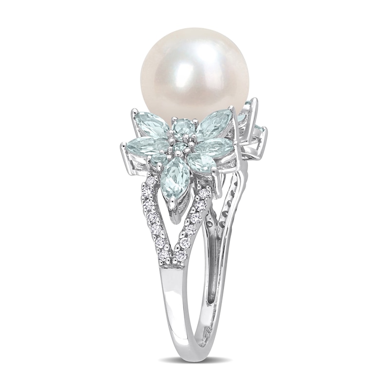 Main Image 3 of 9.0-9.5mm Freshwater Cultured Pearl, Aquamarine, and 0.13 CT. T.W. Diamond Flower Ring in 14K White Gold