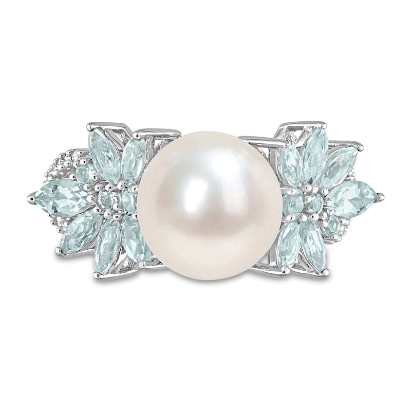 Main Image 4 of 9.0-9.5mm Freshwater Cultured Pearl, Aquamarine, and 0.13 CT. T.W. Diamond Flower Ring in 14K White Gold