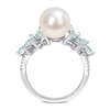 Thumbnail Image 5 of 9.0-9.5mm Freshwater Cultured Pearl, Aquamarine, and 0.13 CT. T.W. Diamond Flower Ring in 14K White Gold