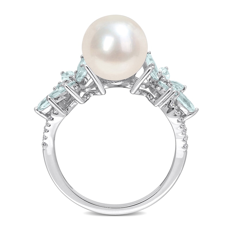 Main Image 5 of 9.0-9.5mm Freshwater Cultured Pearl, Aquamarine, and 0.13 CT. T.W. Diamond Flower Ring in 14K White Gold