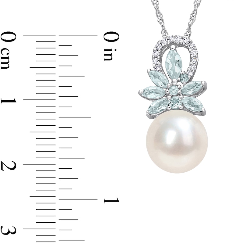 9.5-10.0mm Freshwater Cultured Pearl, Aquamarine, and 0.065 CT. T.W. Diamond Flower Pendant in 14K White Gold-17"