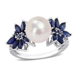 9.0-9.5mm Freshwater Cultured Pearl, Blue Sapphire, and 0.13 CT. T.W. Diamond Flower Ring in 14K White Gold
