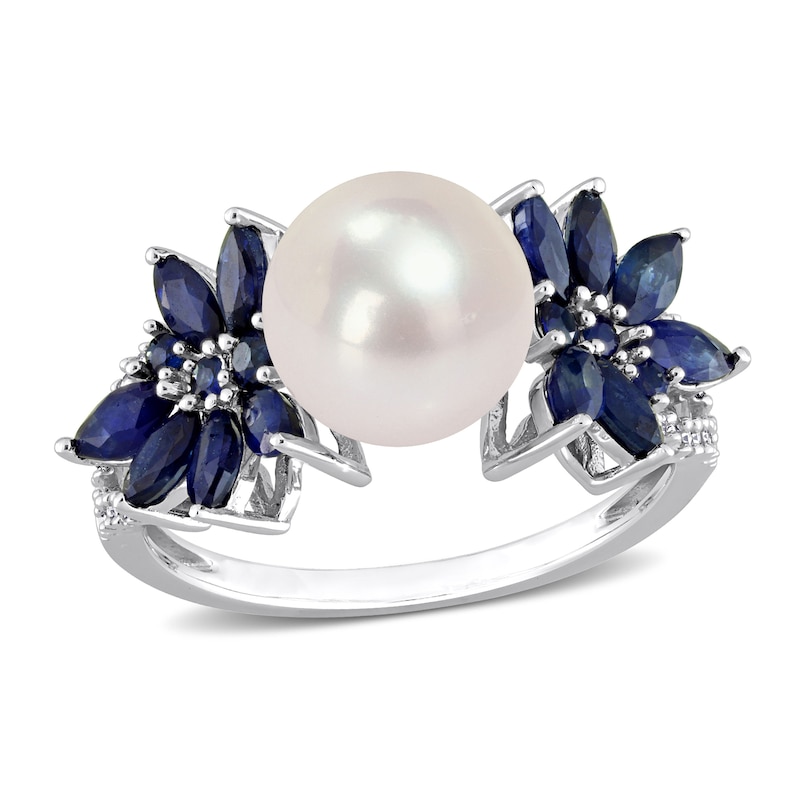 9.0-9.5mm Cultured Freshwater Pearl, Blue Sapphire, and 0.13 CT. T.W. Diamond Flower Ring in 14K White Gold