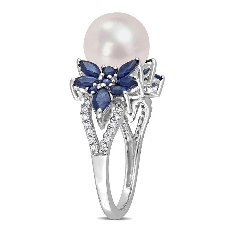 9.0-9.5mm Cultured Freshwater Pearl, Blue Sapphire, and 0.13 CT. T.W. Diamond Flower Ring in 14K White Gold