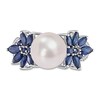 Thumbnail Image 4 of 9.0-9.5mm Freshwater Cultured Pearl, Blue Sapphire, and 0.13 CT. T.W. Diamond Flower Ring in 14K White Gold