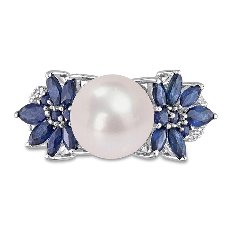 9.0-9.5mm Cultured Freshwater Pearl, Blue Sapphire, and 0.13 CT. T.W. Diamond Flower Ring in 14K White Gold