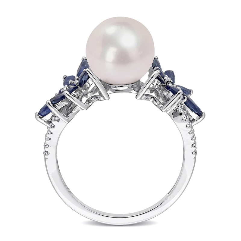 9.0-9.5mm Cultured Freshwater Pearl, Blue Sapphire, and 0.13 CT. T.W. Diamond Flower Ring in 14K White Gold