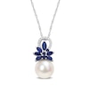 Thumbnail Image 1 of 9.5-10.0mm Freshwater Cultured Pearl, Blue Sapphire, and 0.065 CT. T.W. Diamond Flower Pendant in 14K White Gold-17"