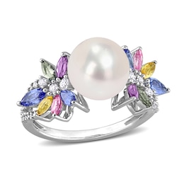 9.0-9.5mm Cultured Freshwater Pearl, Multi-Coloured Sapphire, and 0.13 CT. T.W. Diamond Flower Ring in 14K White Gold