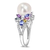 Thumbnail Image 3 of 9.0-9.5mm Freshwater Cultured Pearl, Multi-Coloured Sapphire, and 0.13 CT. T.W. Diamond Flower Ring in 14K White Gold