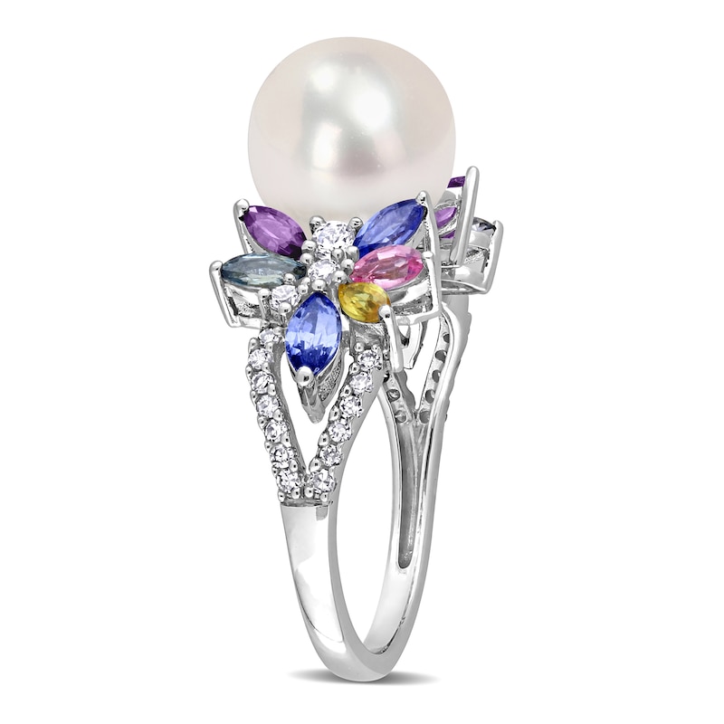 Main Image 3 of 9.0-9.5mm Freshwater Cultured Pearl, Multi-Coloured Sapphire, and 0.13 CT. T.W. Diamond Flower Ring in 14K White Gold