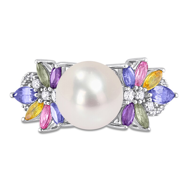 Main Image 4 of 9.0-9.5mm Freshwater Cultured Pearl, Multi-Coloured Sapphire, and 0.13 CT. T.W. Diamond Flower Ring in 14K White Gold