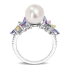 Thumbnail Image 4 of 9.0-9.5mm Cultured Freshwater Pearl, Multi-Coloured Sapphire, and 0.13 CT. T.W. Diamond Flower Ring in 14K White Gold