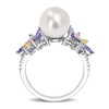 Thumbnail Image 5 of 9.0-9.5mm Freshwater Cultured Pearl, Multi-Coloured Sapphire, and 0.13 CT. T.W. Diamond Flower Ring in 14K White Gold