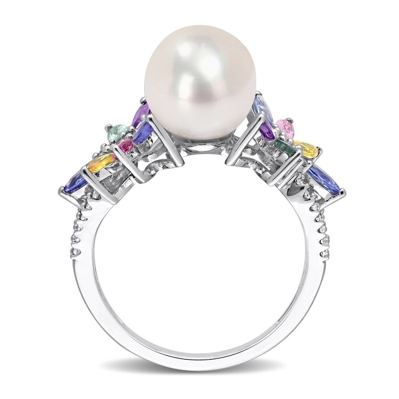 9.0-9.5mm Cultured Freshwater Pearl, Multi-Coloured Sapphire, and 0.13 CT. T.W. Diamond Flower Ring in 14K White Gold