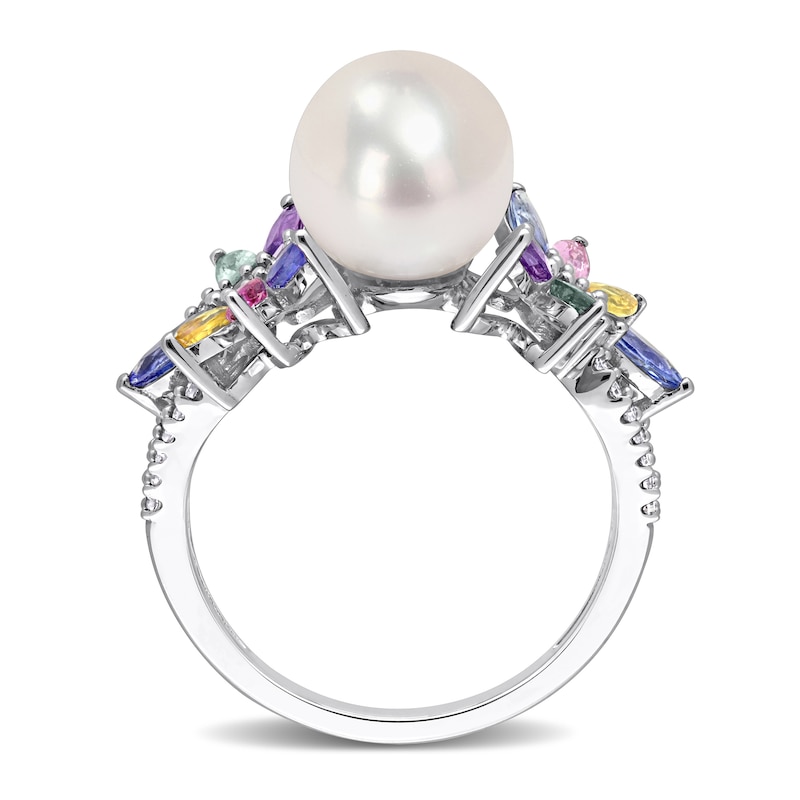 Main Image 5 of 9.0-9.5mm Freshwater Cultured Pearl, Multi-Coloured Sapphire, and 0.13 CT. T.W. Diamond Flower Ring in 14K White Gold