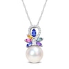 Thumbnail Image 0 of 9.5-10.0mm Cultured Freshwater Pearl, Multi-Coloured Sapphire, and 0.065 CT. T.W. Diamond Pendant in 14K White Gold - 17"