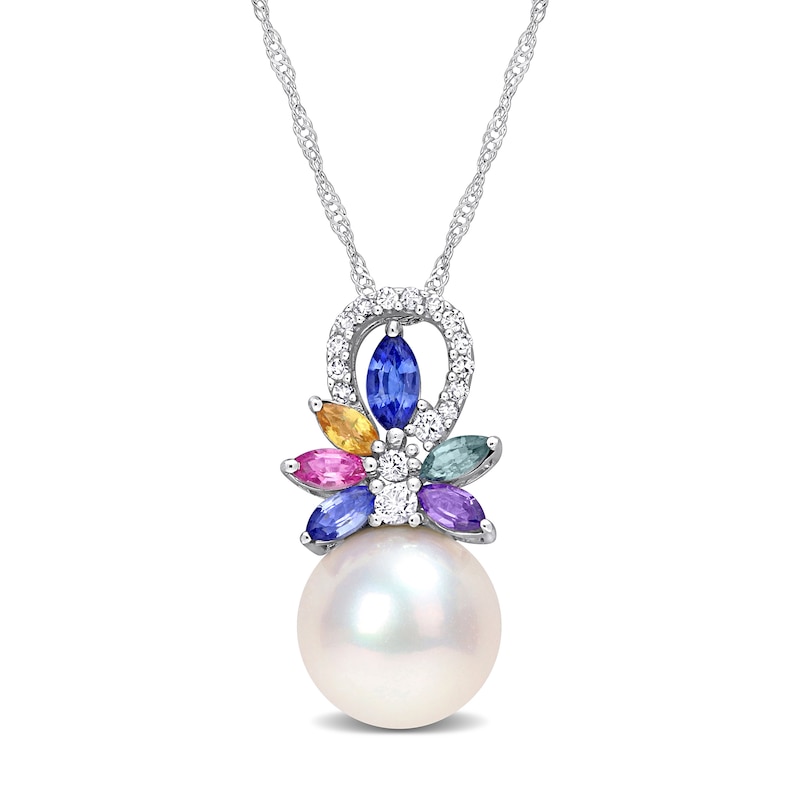 9.5-10.0mm Cultured Freshwater Pearl, Multi-Coloured Sapphire, and 0.065 CT. T.W. Diamond Pendant in 14K White Gold - 17"