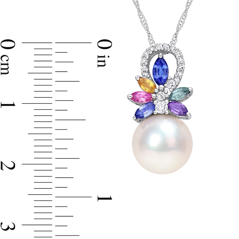 9.5-10.0mm Cultured Freshwater Pearl, Multi-Coloured Sapphire, and 0.065 CT. T.W. Diamond Pendant in 14K White Gold - 17"