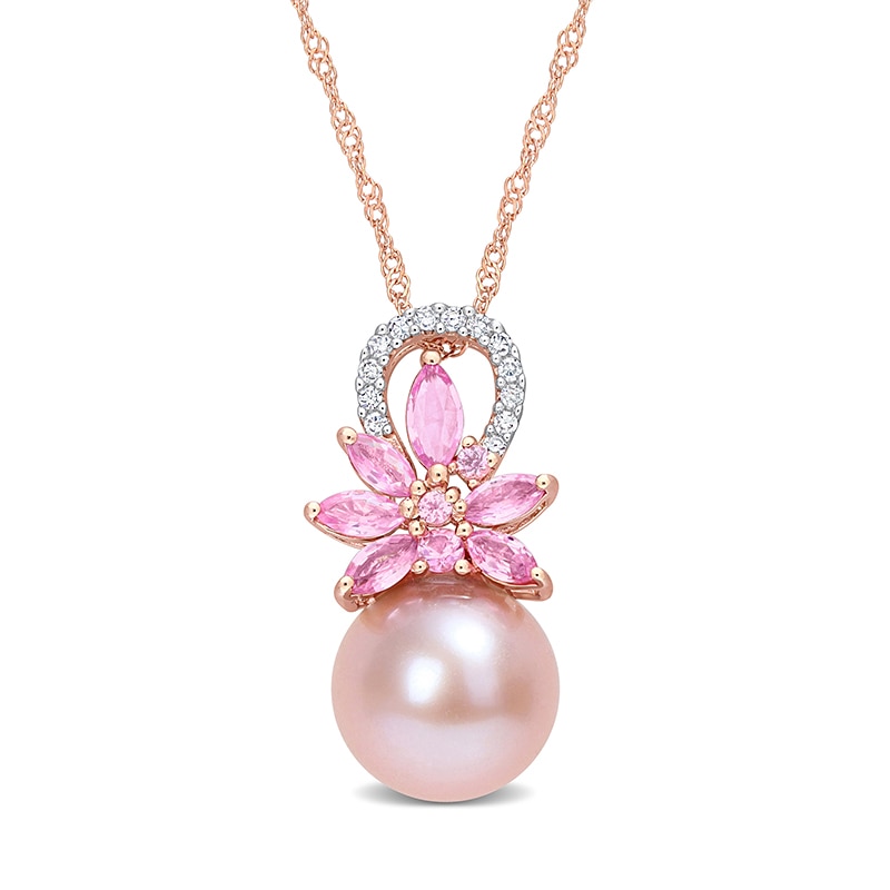 9.5-10.0mm Pink Freshwater Cultured Pearl, Pink Sapphire, and 0.065 CT. T.W. Diamond Pendant in 14K Rose Gold-17"