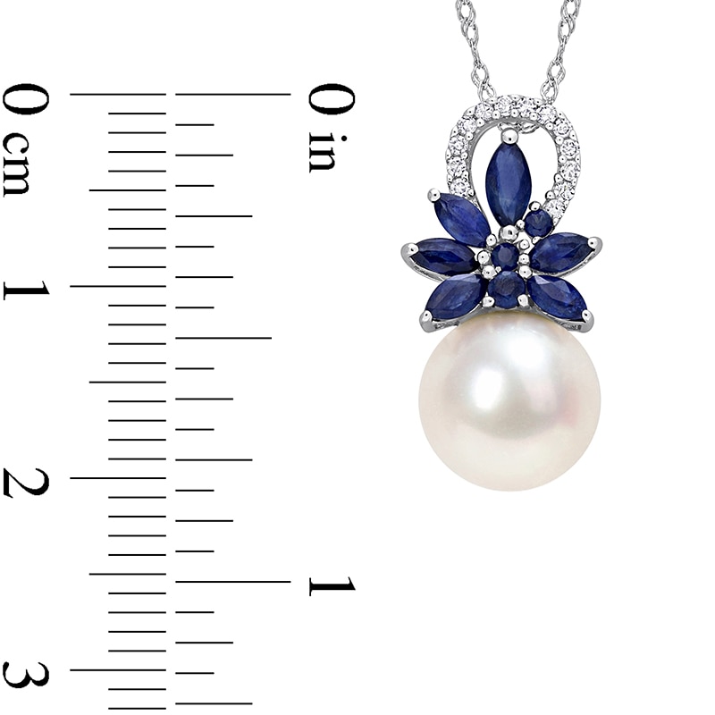 9.5-10.0mm Freshwater Cultured Pearl, Blue Sapphire, and 0.065 CT. T.W. Diamond Flower Pendant in 14K White Gold-17"