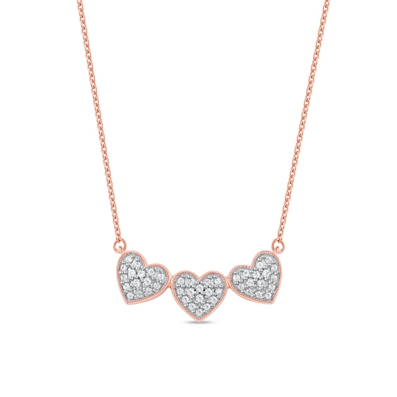 0.16 CT. T.W. Diamond Triple Heart Bead Frame Necklace in Sterling Silver with 14K Rose Gold Plate