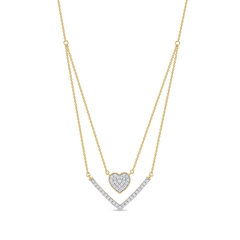 0.33 C.T. T.W. Diamond Heart and Chevron Double Strand Necklace in 10K Gold