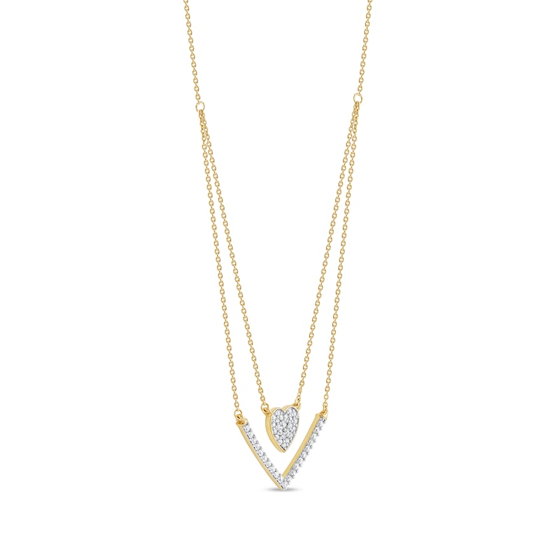 Main Image 2 of 0.33 C.T. T.W. Diamond Heart and Chevron Double Strand Necklace in 10K Gold