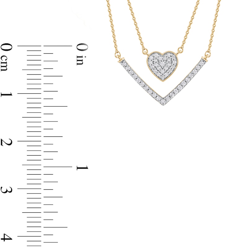 Main Image 4 of 0.33 C.T. T.W. Diamond Heart and Chevron Double Strand Necklace in 10K Gold