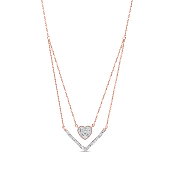 0.33 C.T. T.W. Diamond Heart and Chevron Double Strand Necklace in 10K Rose Gold