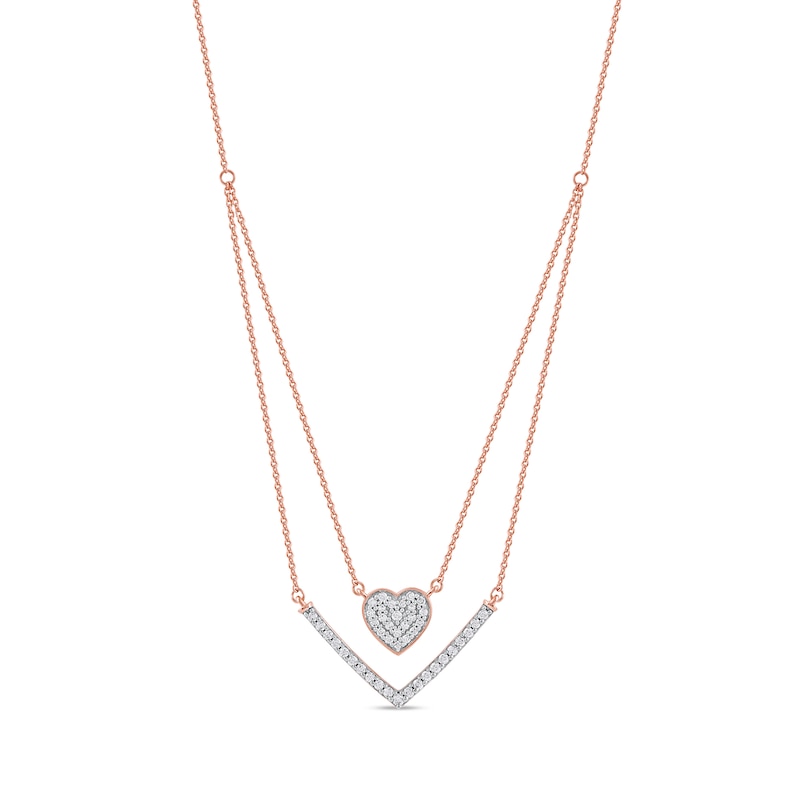 0.33 C.T. T.W. Diamond Heart and Chevron Double Strand Necklace in 10K Rose Gold