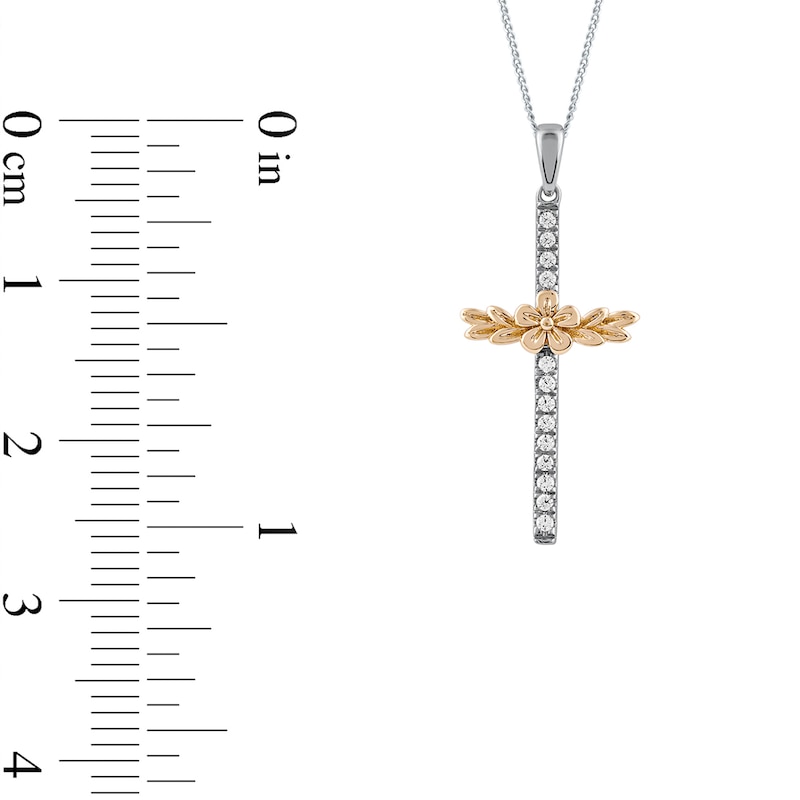 0.10 CT. T.W. Diamond Flower and Leaves Cross Pendant in Sterling Silver with 14K Gold Plate