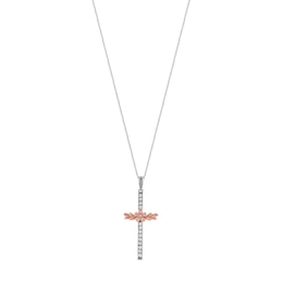 0.10 CT. T.W. Diamond Flower and Leaves Cross Pendant in Sterling Silver and 14K Rose Gold Plate