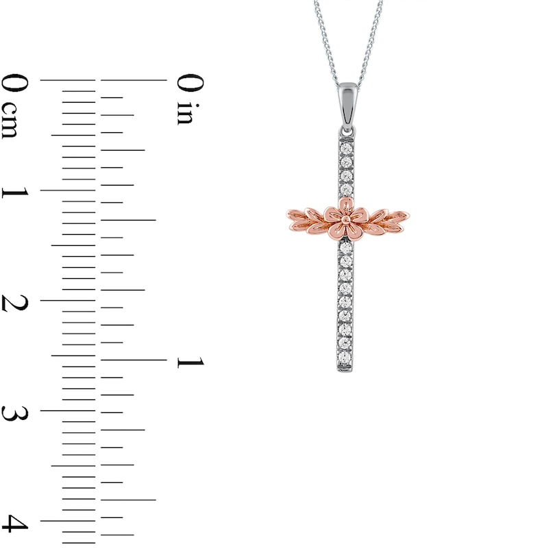 0.10 CT. T.W. Diamond Flower and Leaves Cross Pendant in Sterling Silver and 14K Rose Gold Plate