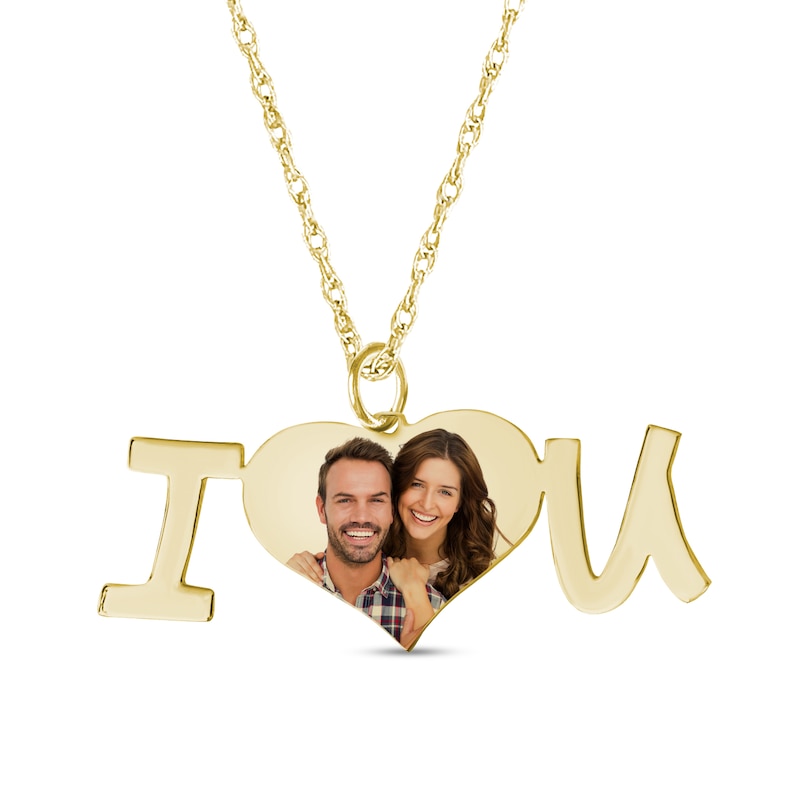 Main Image 1 of Engravable Photo Heart "I Love U" Pendant in 10K White, Yellow, or Rose Gold (1 Image and 1 Line)