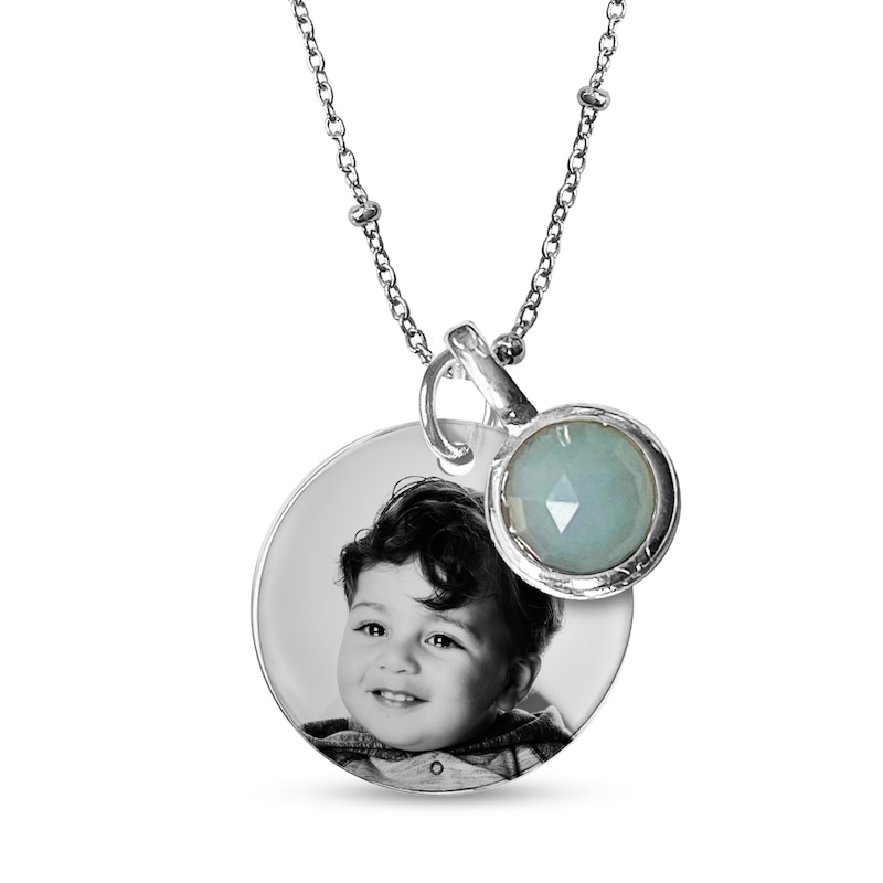 Dyed Chalcedony Birth Month Dangle Charm Engravable Photo Medallion Pendant in Sterling Silver (1 Month and 1-2 Lines)
