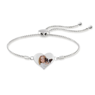 Engravable Photo Heart Bolo Bracelet in Sterling Silver (1 Image and Line) - 7.5"